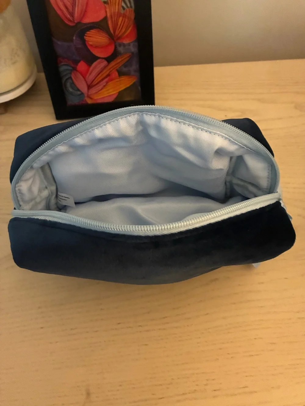 Velvet Cosmetic Pouch in Deep Navy with Light Blue Trim